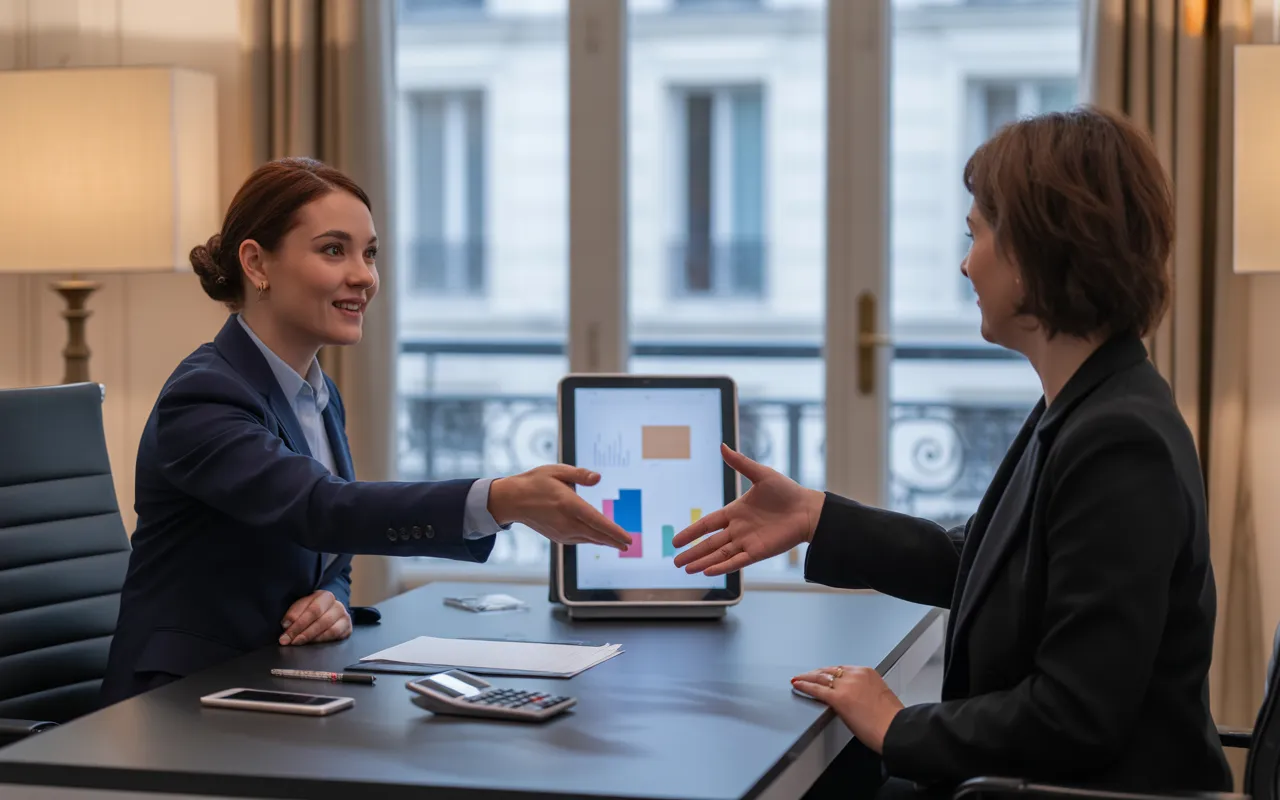 Expert comptable paris 17 en rendez-vous rapide avec un client dans un cabinet moderne haussmannien, présentation d’un devis sur tablette, ambiance premium et lumineuse.