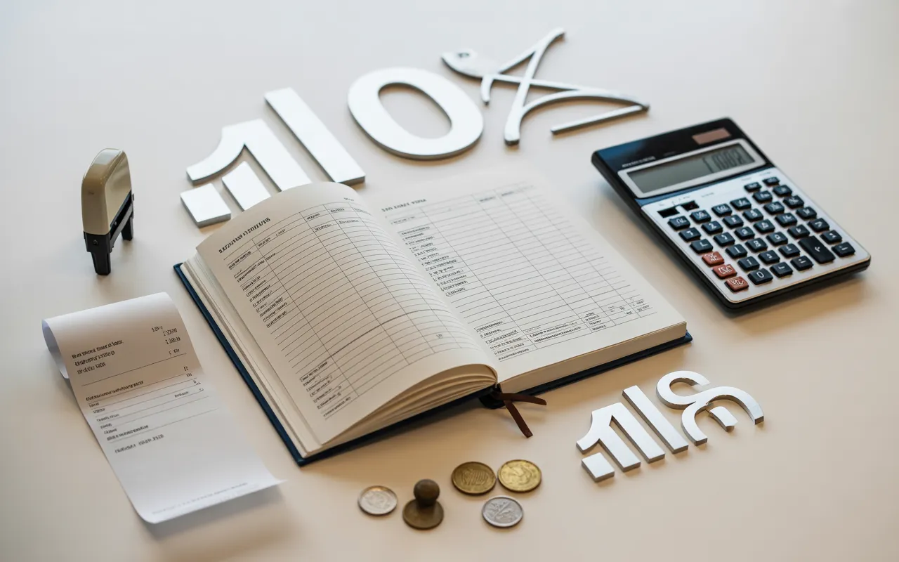 Flat lay photo réaliste sur bureau clair montrant un cahier de comptabilité ouvert (lignes et colonnes illisibles), calculatrice, ticket vierge, assiette avec couverts, terminal de paiement et pièces neutres, illustration de la tva en restauration et des écritures comptables 2026.