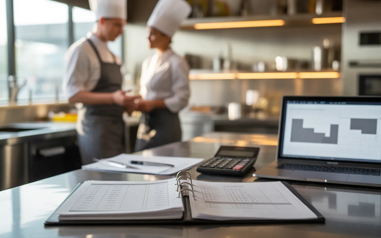 Cuisine professionnelle moderne avec classeur de paie ouvert, documents administratifs, calculatrice, ordinateur portable affichant des graphiques abstraits, euros discrets et smartphone au calendrier générique, chef/manager floutés en arrière-plan — calcul des charges patronales restauration 2026.