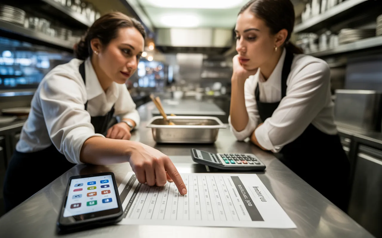 Manager et serveur discutant sereinement d’un planning et d’une paie au comptoir d’un restaurant, avec feuille d’heures, smartphone de planning, calculatrice et stylo, illustrant les heures supplémentaires restauration.