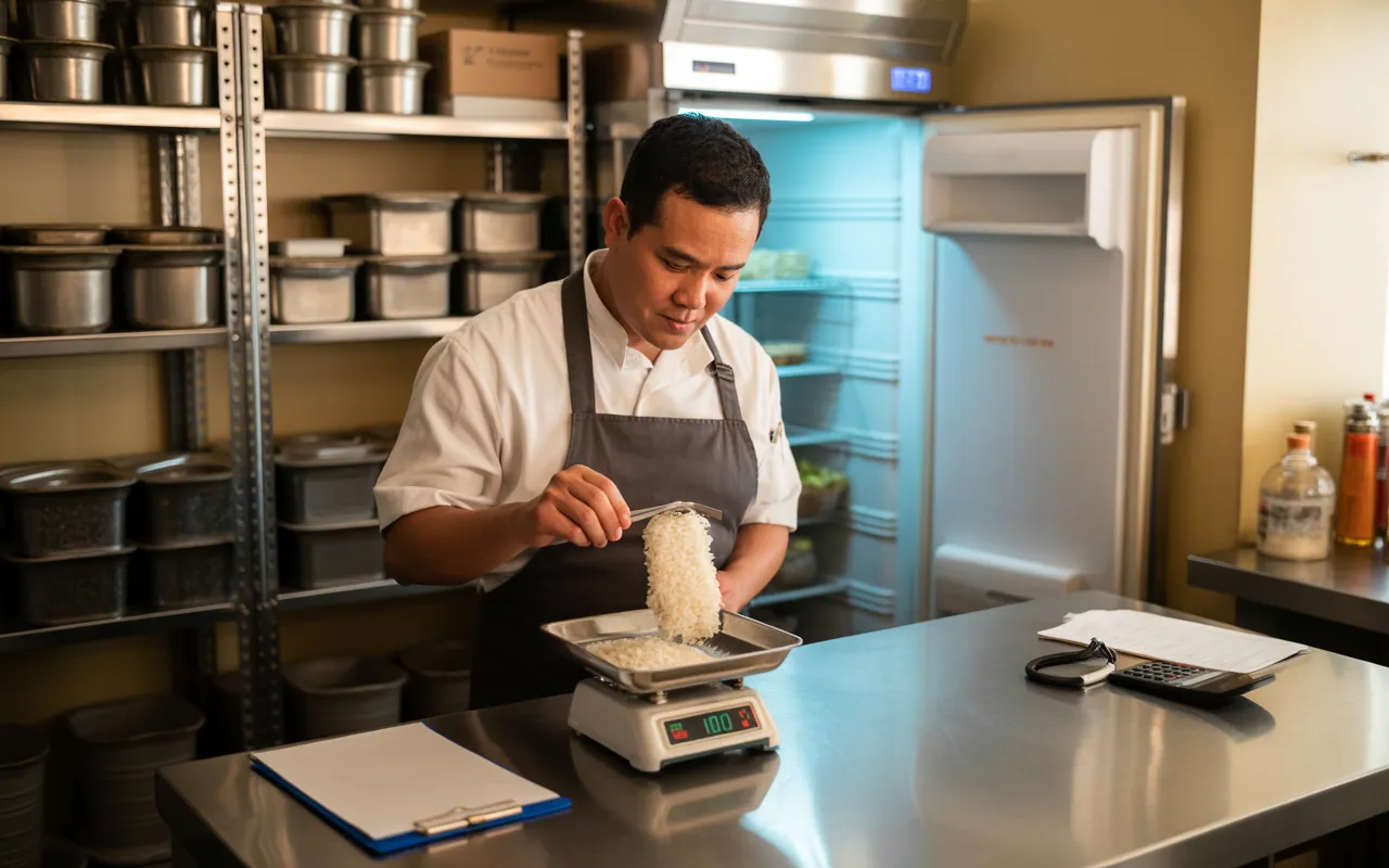 Compta Resto : inventaire de fin d’année en réserve de restaurant, table inox avec clipboard d’inventaire, calculatrice, scanner code-barres, balance de cuisine, bacs d’ingrédients et produits emballés floutés, responsable en train de compter et peser les stocks.