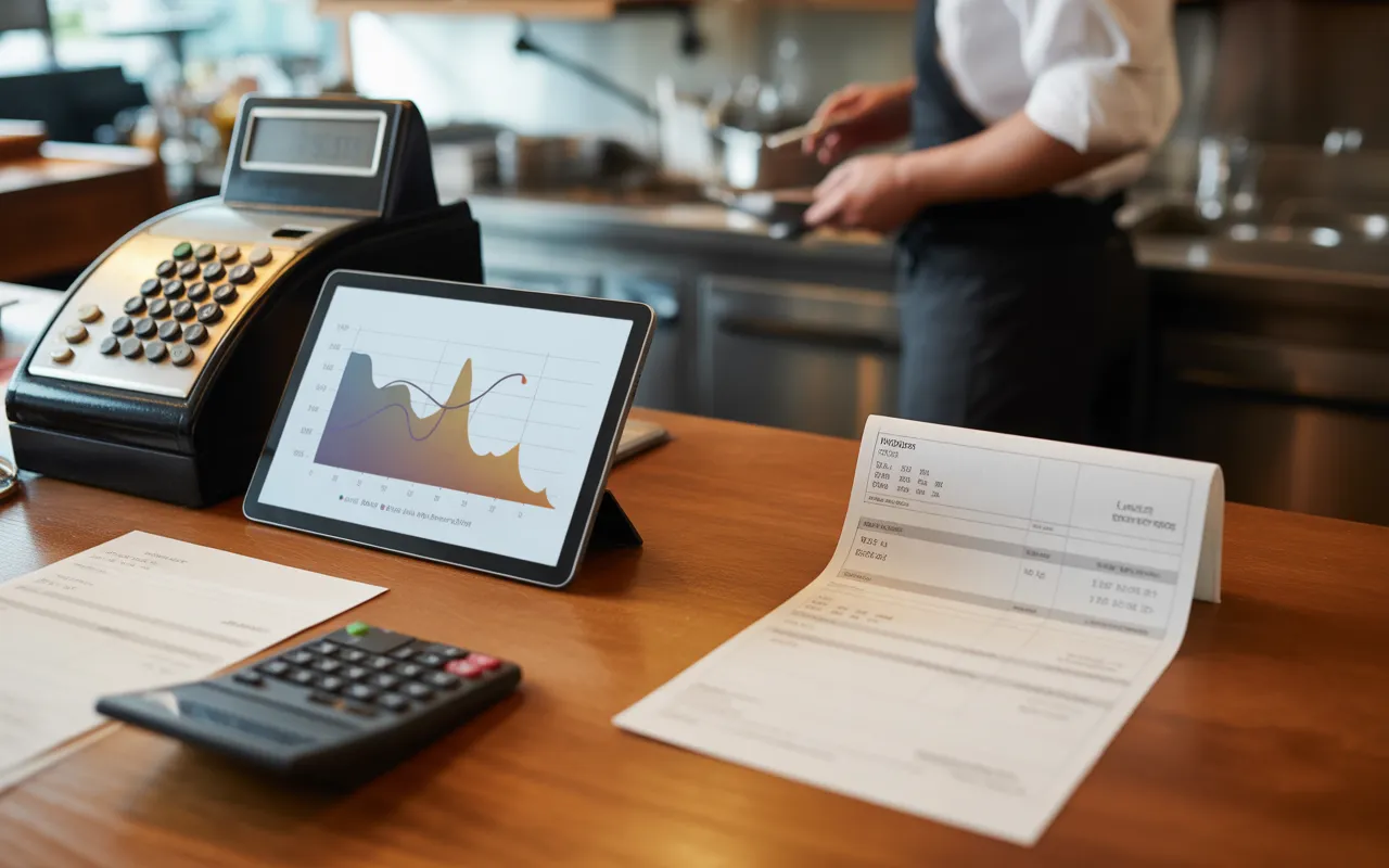 Vignette photoréaliste Compta Resto : plan de travail en arrière-cuisine avec tablette affichant tableau de suivi sans texte lisible, ticket de caisse, calculatrice, factures, coupons vierges, assiette entamée et bac déchets flou en arrière-plan, ambiance chaude premium.