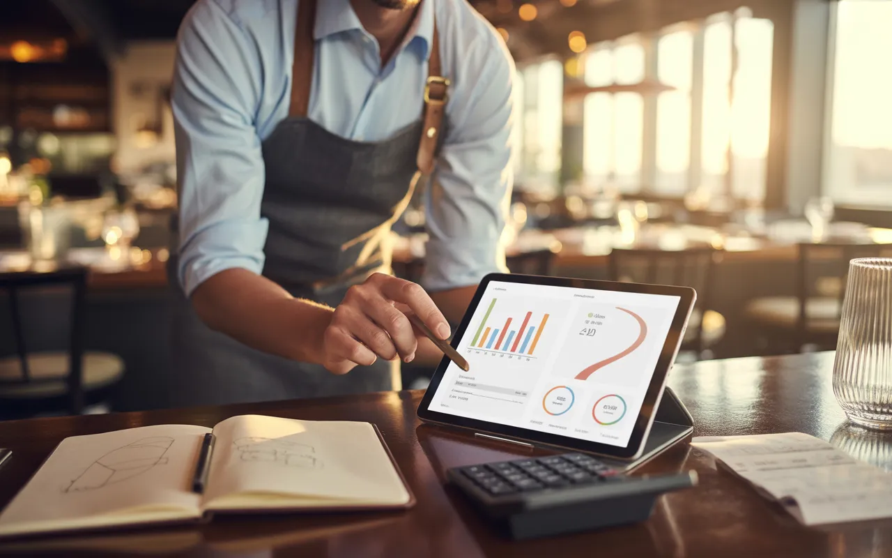Compta Resto : manager de restaurant moderne analysant un dashboard abstrait sur tablette et ordinateur portable, carnet sans écriture et ticket flou sur table, ambiance chaleureuse en lumière dorée avec arrière-plan bokeh.