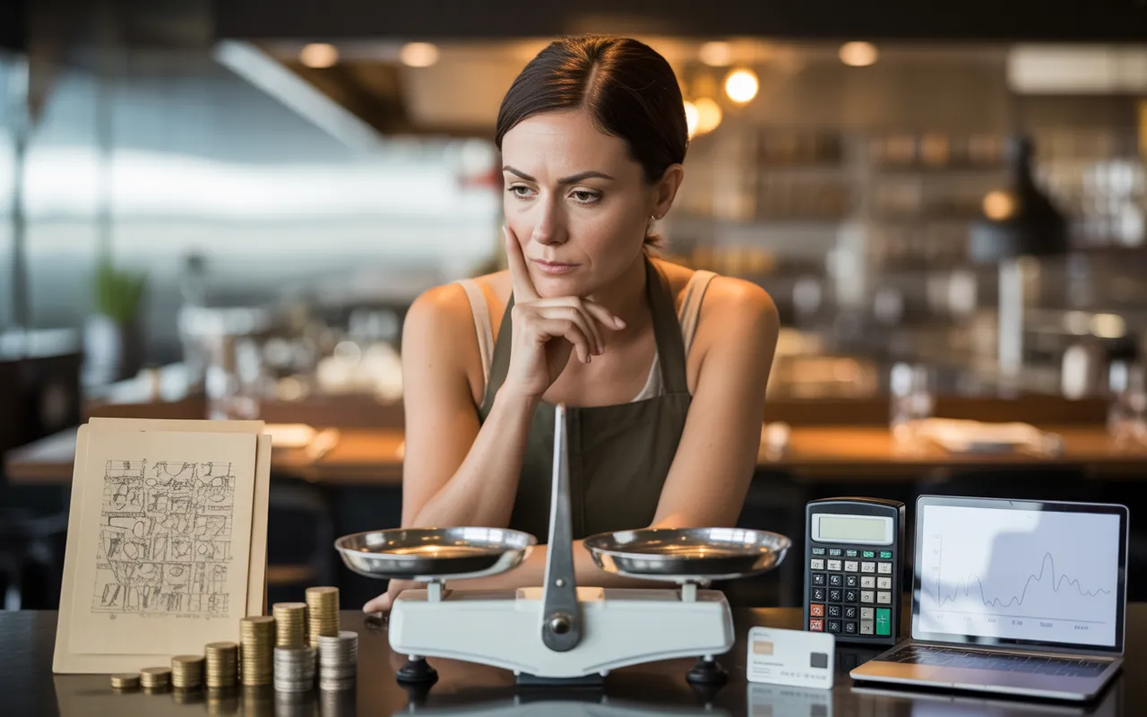 Vignette photoréaliste cinématique Compta Resto : restaurateur pensif dans restaurant moderne, balance métallique au premier plan, à gauche pièces et dossier fiscal abstrait, à droite calculatrice, laptop et carte bancaire, bokeh et tons chauds.