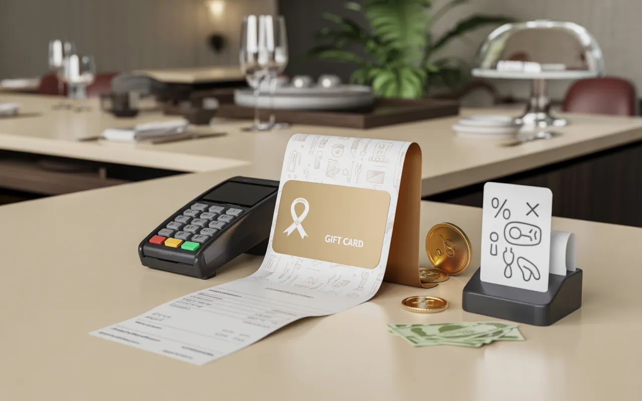 Compta Resto : illustration 3D isométrique d’un comptoir de restaurant moderne avec carte cadeau, terminal de paiement, coupon vierge, caisse affichant graphiques sans texte, tampon check, pièces et symbole pourcentage, arrière-plan flou verres et cloche de service.