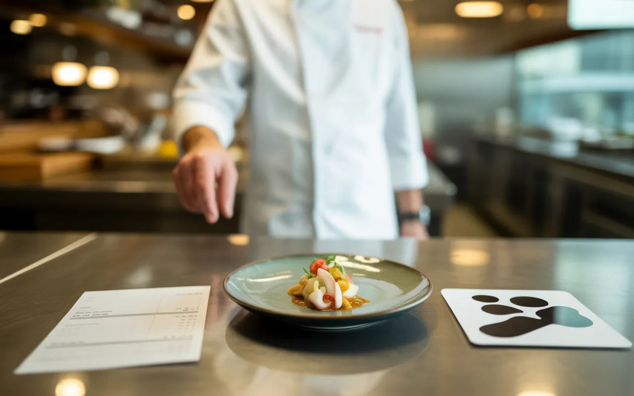 Compta Resto : assiette de repas sur plan de travail en cuisine de restaurant moderne, avec fiche de paie floutée, calculatrice, tampon et quelques pièces, ambiance conformité et paie, arrière-plan chef flou.