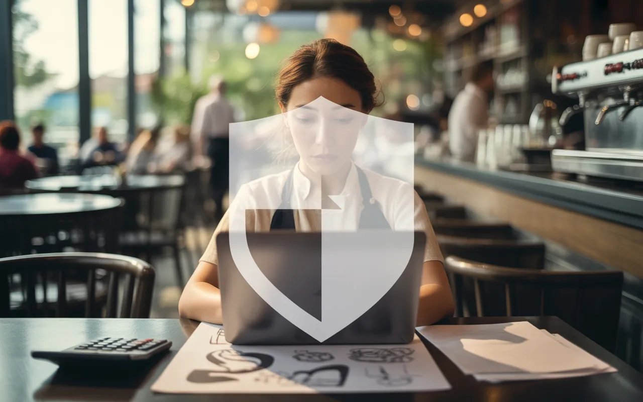 Compta Resto : responsable RH en brasserie française moderne avec ordinateur portable (interface de paie floutée), bulletin de paie et documents administratifs, calculatrice, tablier et bar en arrière-plan, icône bouclier de protection sociale en surimpression.