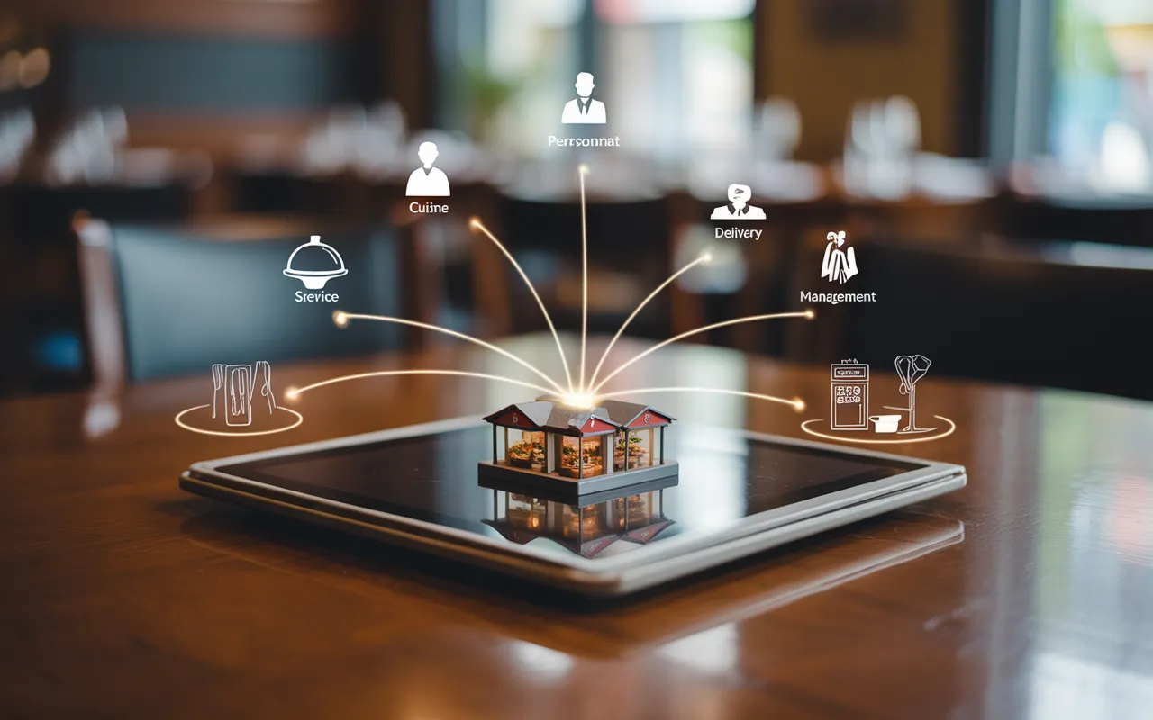 Vignette 16:9 Compta Resto : tableau de pilotage financier semi-isométrique pour restaurant multi-sites, trois restaurants reliés à un hub central, graphiques barres et camembert symboliques, grille de planning équipes, flux de ventilation de la masse salariale vers centres de coûts (cuisine, salle, livraison, management), accessoires restaurant et finance sur table, style 3D corporate bleu nuit avec accents vert et orange.