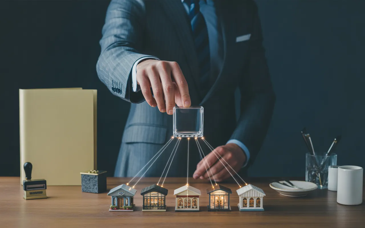 Compta Resto : main en costume posant un bloc de verre transparent (holding) au-dessus de mini-restaurants reliés par des flux lumineux, sur table en bois avec calculatrice et documents, ambiance corporate bleu nuit et touches dorées.