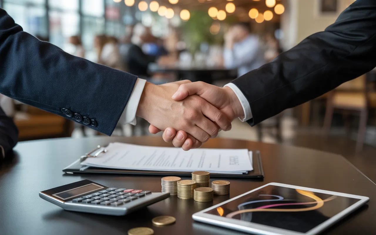 Compta Resto : poignée de main sur table en bois clair dans un bureau moderne, dossier de contrat ouvert avec tampon et stylo, calculatrice et pièces, tablette avec graphiques abstraits, restaurant flou en arrière-plan.