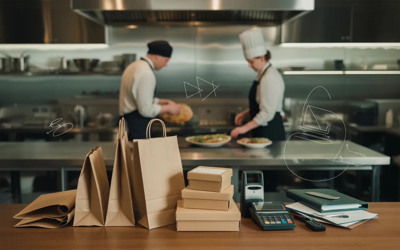 Compta Resto : cuisine professionnelle inox de dark kitchen avec sacs kraft et boîtes de livraison, terminal de paiement flou, calculatrice, tampon et documents comptables illisibles, cuisiniers en arrière-plan, éclairage cinématographique.
