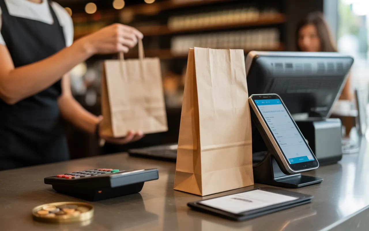 Compta Resto : comptoir de restaurant moderne en légère plongée avec sac kraft à emporter, terminal de paiement, smartphone de commande, ticket illisible, calculatrice, tablette avec graphiques flous et retrait Click & Collect en arrière-plan.
