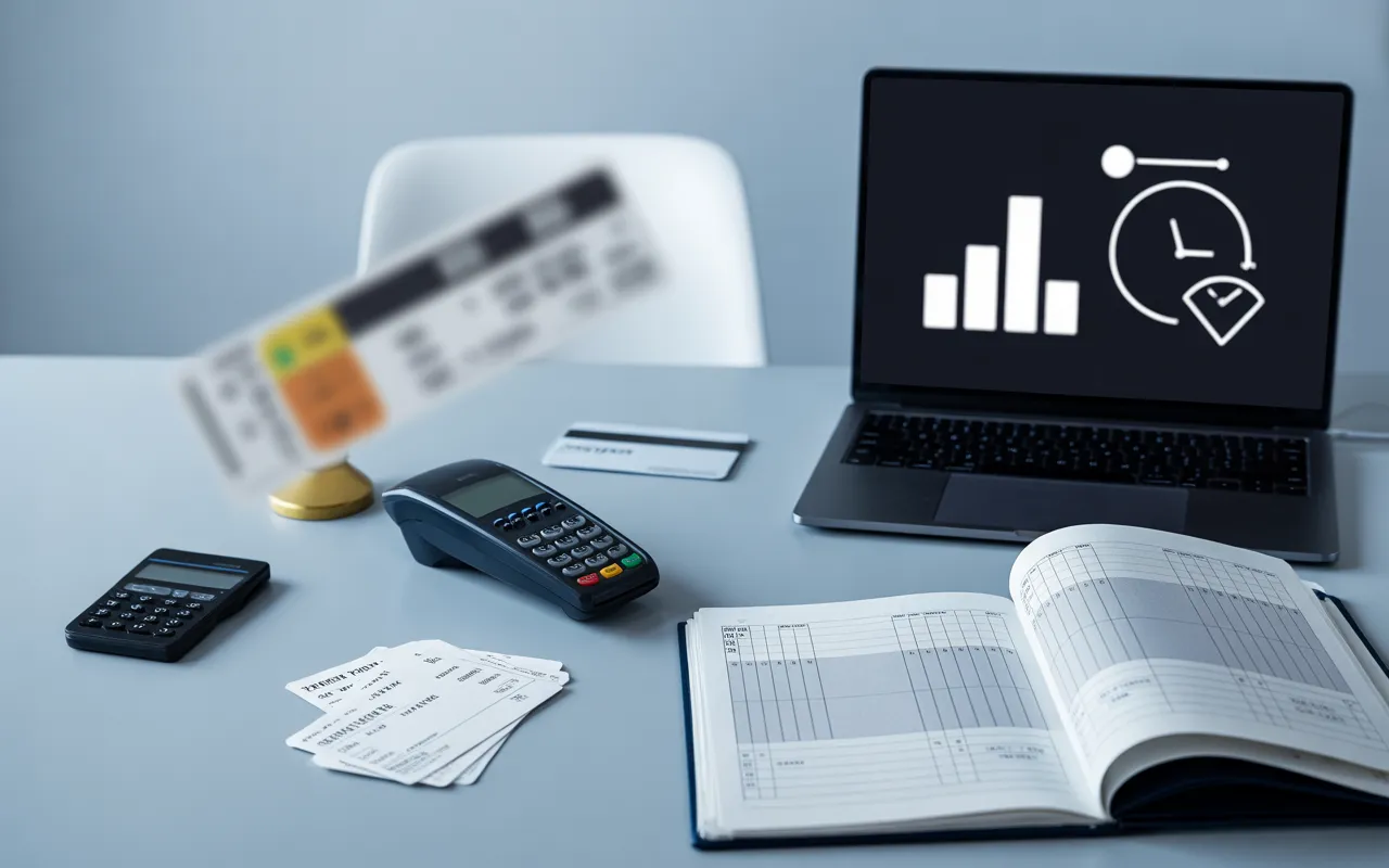 Compta Resto : bureau moderne en légère plongée avec TPE, tickets restaurant stylisés, classeur de comptabilité et relevé bancaire abstraits, calculatrice, carte bancaire, pièces symbolisant commissions, horloge sans chiffres et traits lumineux de rapprochement bancaire sur fond bleu pétrole.