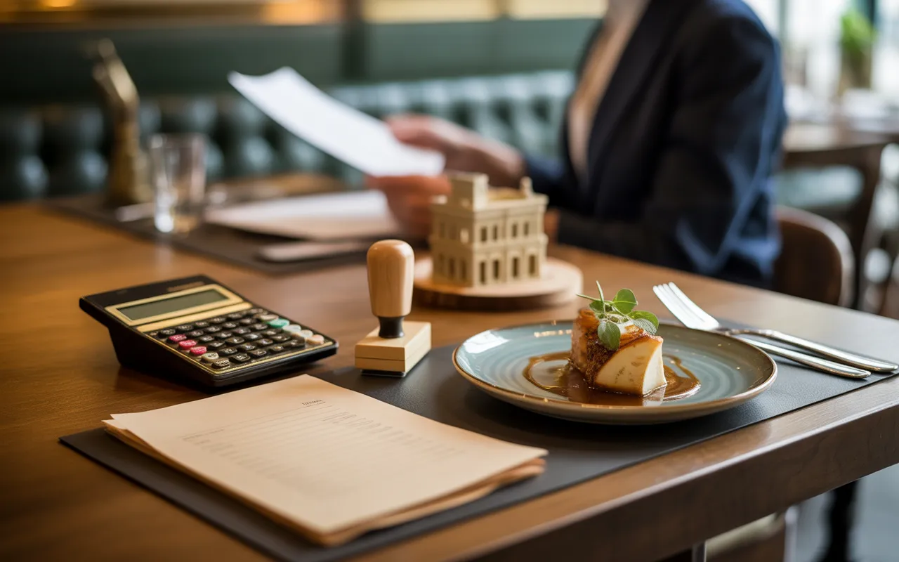 Compta Resto : table en bois dans un restaurant français moderne avec calculatrice sans chiffres, classeur de documents, pièces et maquette de bâtiment, à côté d’une assiette gastronomique, gérant flou en arrière-plan.