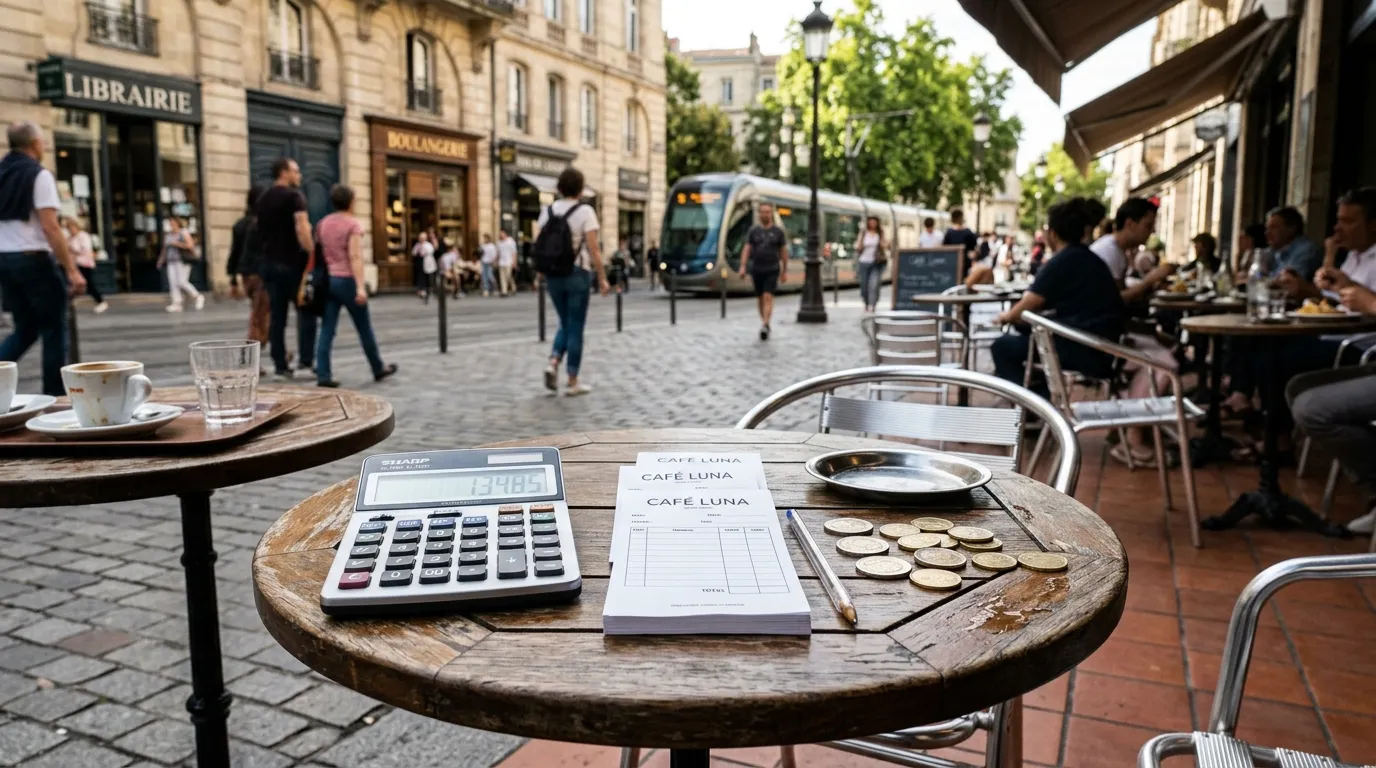 Compta Resto : table de terrasse de café en extérieur avec calculatrice, reçus vierges, pièces de monnaie et trottoir urbain en arrière-plan