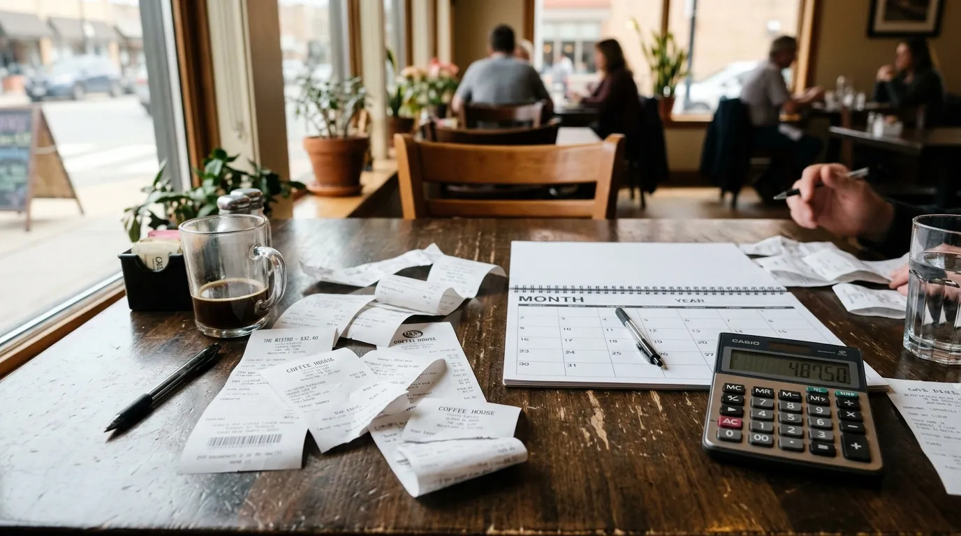 Compta Resto : table de restaurant avec calculatrice, calendrier vierge et tickets de caisse éparpillés en lumière naturelle de jour