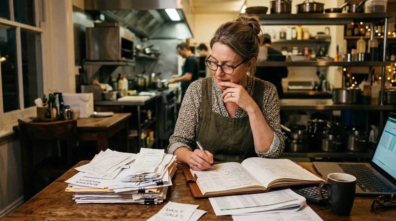 Propriétaire de restaurant assis à une table de cuisine, comparant deux piles de reçus et de registres comptables, photo naturelle – Compta Resto