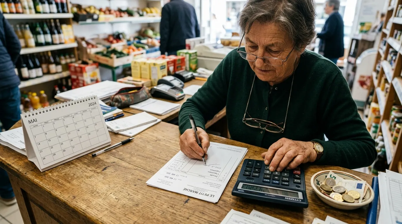 Compta Resto : gros plan d’un commerçant analysant des factures avec calculatrice, pièces en euros et calendrier vierge pour la gestion comptable