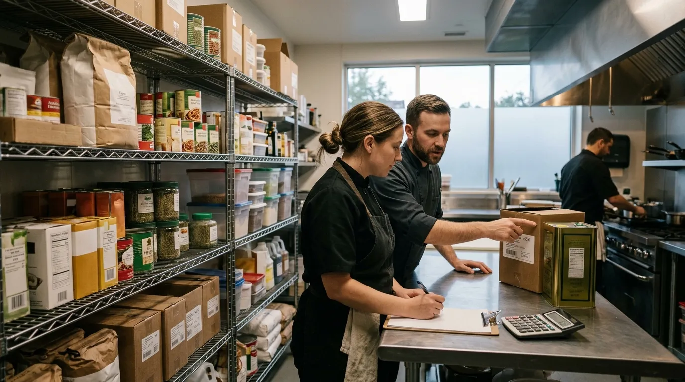 Personnel de cuisine de restaurant faisant l’inventaire du garde-manger avec presse-papiers vierge et calculatrice, lumière naturelle du soir – Compta Resto