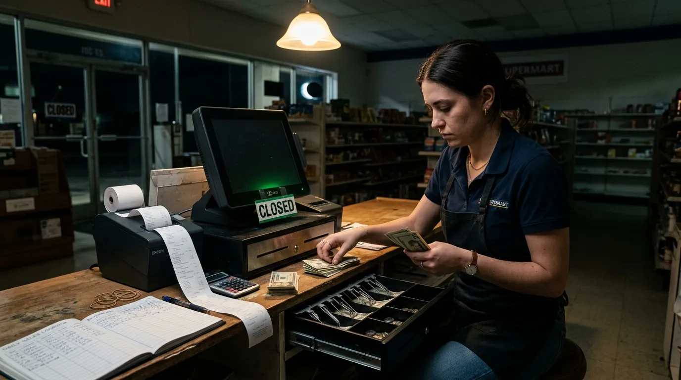 Caissier nocturne comptant des billets à côté d’une imprimante de reçus et d’une caisse fermée dans un magasin sombre, Compta Resto