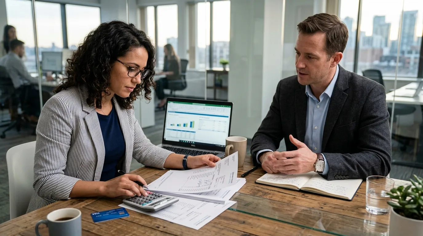 Compta Resto : personne vérifiant des relevés bancaires avec carte de crédit, calculatrice et ordinateur portable lors d’un rendez-vous avec un conseiller.