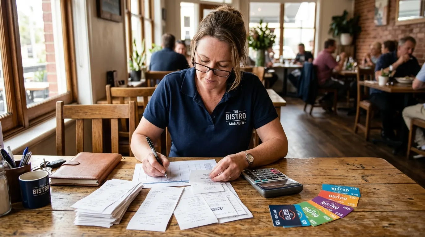 Compta Resto : manager de restaurant vérifiant des reçus près de cartes cadeaux et d’une calculatrice sur une table en bois, lumière naturelle.