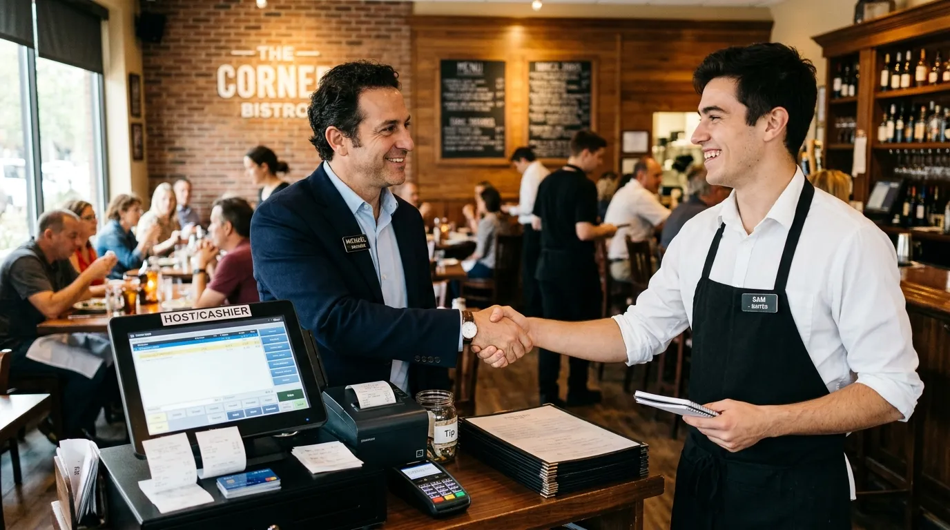 Compta Resto : manager de restaurant serrant la main d’un nouveau serveur près d’une caisse enregistreuse, photo naturelle et spontanée