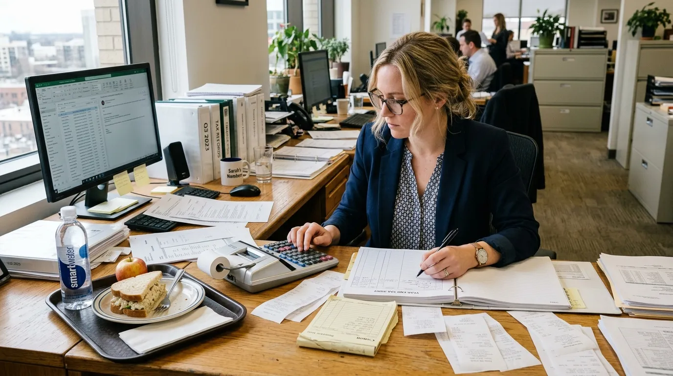 Compta Resto : comptable au bureau avec calculatrice, plateau-repas et reçus vierges éparpillés, photo en lumière du jour.