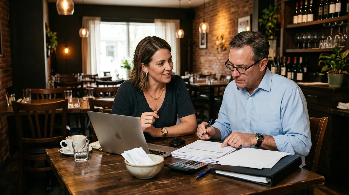 Compta Resto : restaurateur et comptable examinant des factures vierges à côté d’un ordinateur portable sur une table de restaurant calme