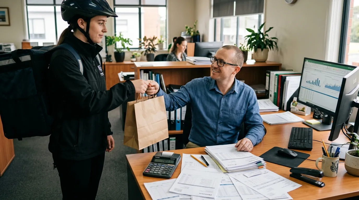 Bureau de comptable avec calculatrice et factures, livreur remettant un sac de repas — Compta Resto