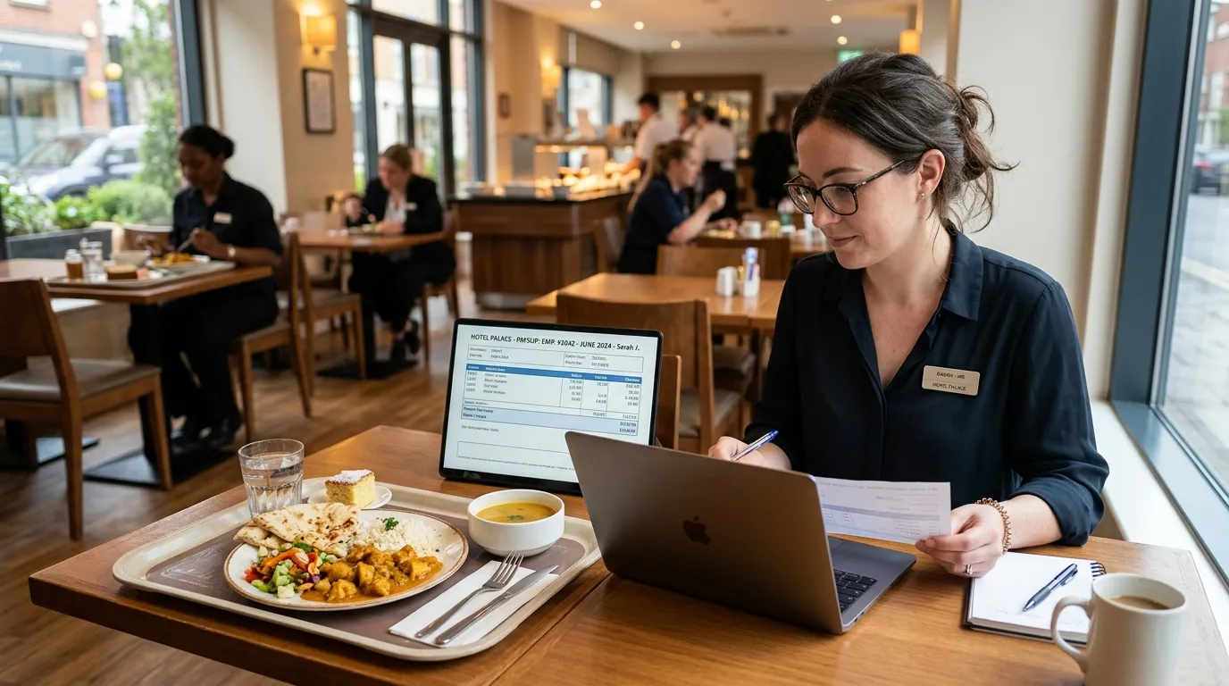 Compta Resto : employé de paie analysant un bulletin de salaire sur ordinateur portable à côté d’un plateau repas du personnel dans un restaurant d’hôtel
