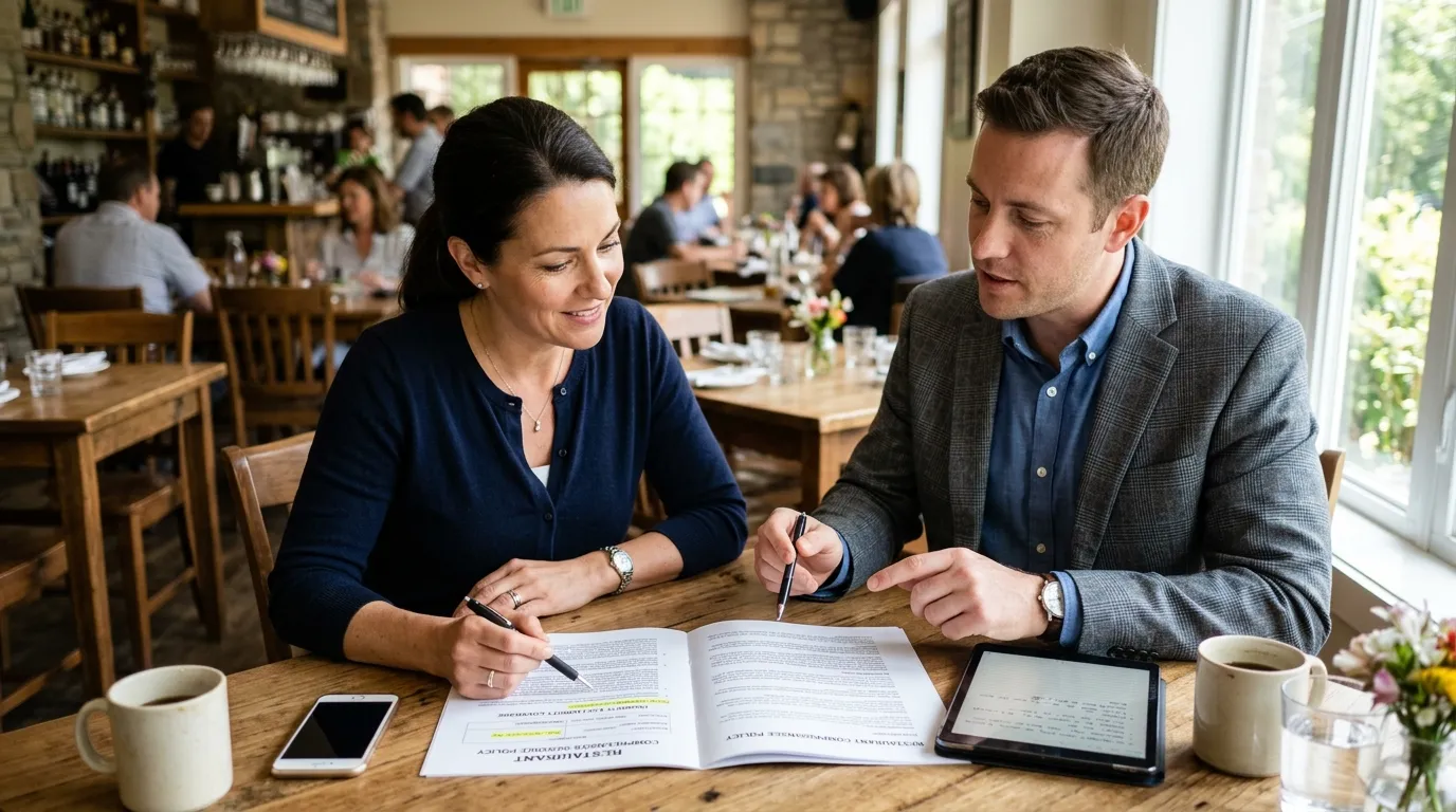 Propriétaire de restaurant examinant des documents de police d’assurance avec un conseiller à table, photo en lumière naturelle – Compta Resto