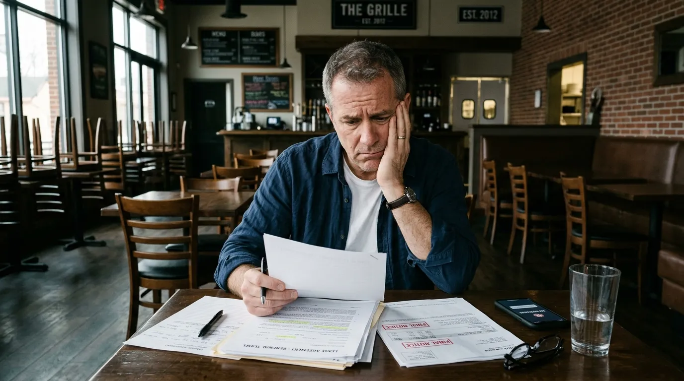 Propriétaire de restaurant inquiet examinant des documents de bail et des factures sur une table de salle à manger vide – Compta Resto