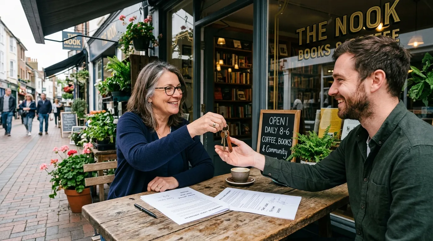 Photo naturelle de l’entrée d’un commerce, échange de clés de main à main et documents de bail sur table – Compta Resto