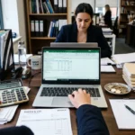 Photo naturelle d’un bureau de comptable en audit avec calculatrice, pièces, factures vierges et ordinateur portable – Compta Resto