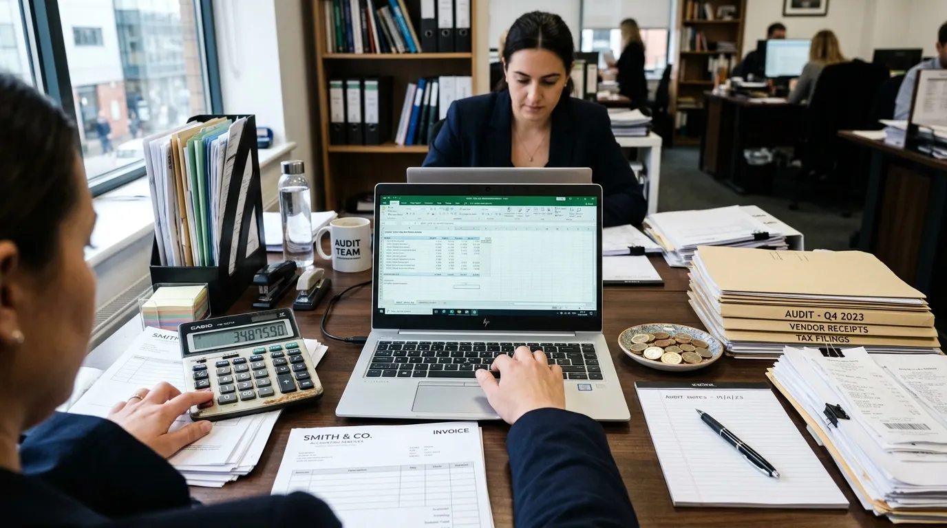 Photo naturelle d’un bureau de comptable en audit avec calculatrice, pièces, factures vierges et ordinateur portable – Compta Resto