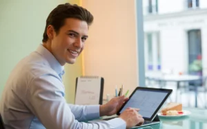 Jeune expert-comptable souriant travaillant sur une tablette dans un bureau moderne et lumineux à Paris, ambiance professionnelle et éléments évoquant la restauration en arrière-plan, cabinet comptable paris 17.