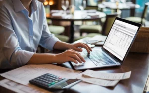 Comptable restaurant travaillant sur un ordinateur portable avec documents financiers, calculatrice et tickets de caisse sur un bureau moderne, arrière-plan élégant de restaurant, ambiance professionnelle et accueillante.