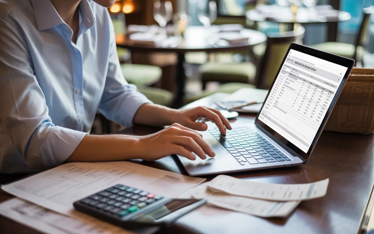 Comptable restaurant travaillant sur un ordinateur portable avec documents financiers, calculatrice et tickets de caisse sur un bureau moderne, arrière-plan élégant de restaurant, ambiance professionnelle et accueillante.