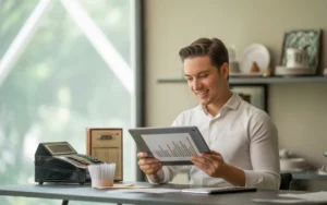 Comptable professionnel à Paris analysant des documents financiers et une tablette numérique au bureau, avec accessoires liés à la restauration, illustrant la spécialisation des comptables Paris pour restaurants.