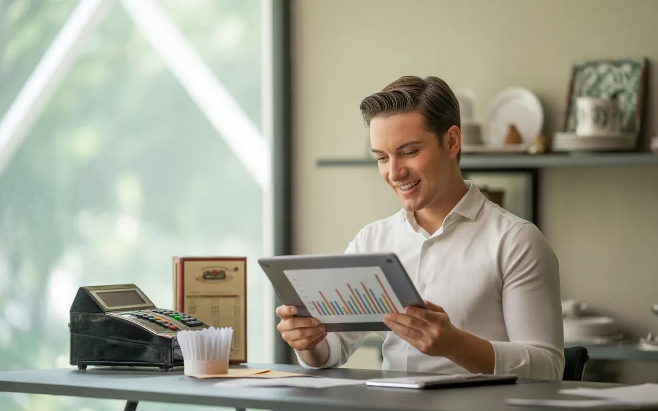 Comptable professionnel à Paris analysant des documents financiers et une tablette numérique au bureau, avec accessoires liés à la restauration, illustrant la spécialisation des comptables Paris pour restaurants.