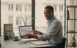 Expert comptable Paris 17 souriant travaillant sur ordinateur portable avec documents et factures de restauration, assis dans un bureau moderne lumineux avec lumière naturelle, accessoires professionnels et ambiance conviviale.