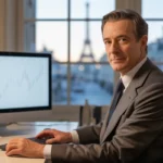 Expert comptable Paris travaillant dans un bureau moderne lumineux, vêtu d’un costume élégant, souriant devant un ordinateur affichant des graphiques financiers, avec vue floutée sur la ville de Paris en arrière-plan.