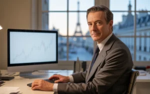 Expert comptable Paris travaillant dans un bureau moderne lumineux, vêtu d’un costume élégant, souriant devant un ordinateur affichant des graphiques financiers, avec vue floutée sur la ville de Paris en arrière-plan.