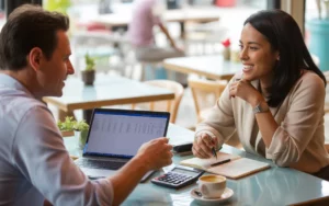Expert comptable restauration travaillant avec un restaurateur dans un restaurant moderne, table avec ordinateur, documents financiers et ambiance chaleureuse.