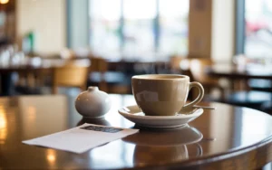 Tasse de café fumant sur table de restaurant moderne avec addition, calculatrice et coupelle à sucre, illustrant le concept de tva café.
