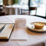 Table de restaurant élégante avec reçu, addition, carnet de commandes et stylo au centre, éléments financiers nets symbolisant la tva en restauration, petite assiette raffinée, ambiance lumineuse et chaleureuse, arrière-plan flou et minimaliste.