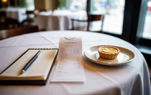Table de restaurant élégante avec reçu, addition, carnet de commandes et stylo au centre, éléments financiers nets symbolisant la tva en restauration, petite assiette raffinée, ambiance lumineuse et chaleureuse, arrière-plan flou et minimaliste.