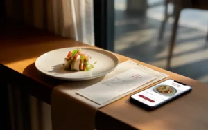 Table de restaurant élégamment dressée avec assiette gastronomique, facture de restaurant visible et smartphone affichant une appli de livraison, mettant en avant le concept de tva en restauration, ambiance chaleureuse et professionnelle.