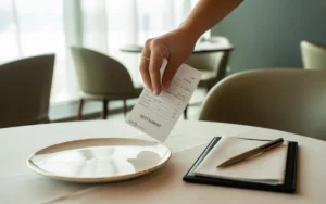 Main posant une addition sur une table de restaurant moderne avec assiette raffinée, carnet et stylo, illustrant la tva en restauration.